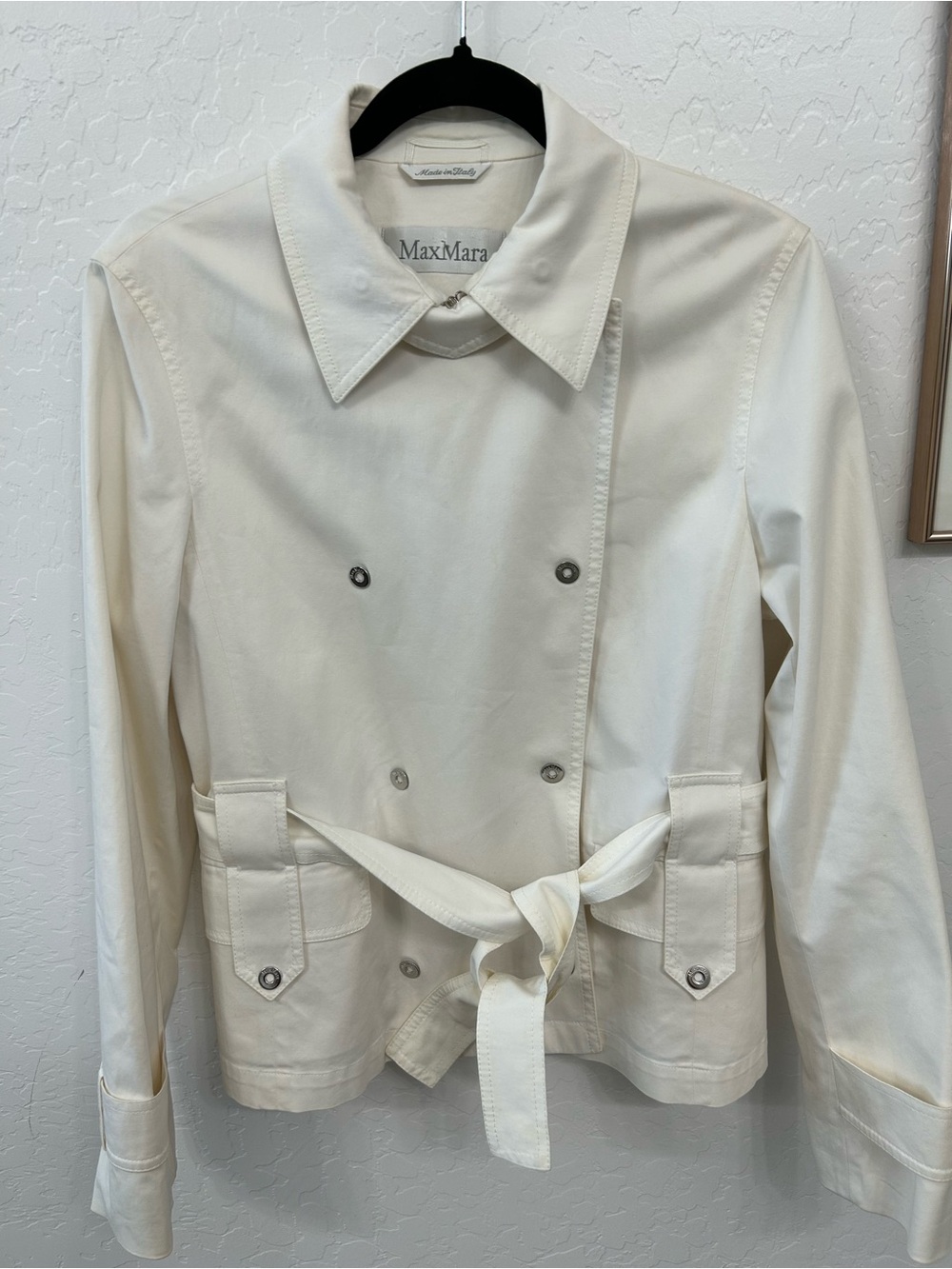 Max Mara Made in Italy White Cotton Belted Jacket US 8 IT 42 Double Breasted